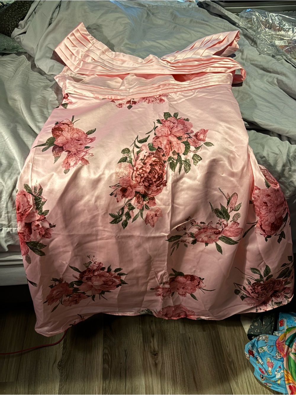 Pink Floral Off-Shoulder Satin Dress